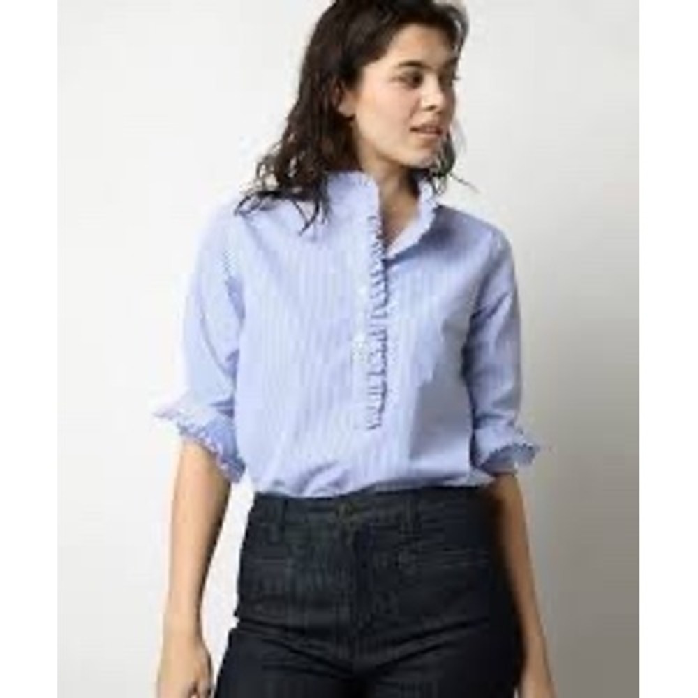 ANN MASHBURN Blue Striped Ruffle Preppy Luxe Americana Coastal Blouse SMALL $250